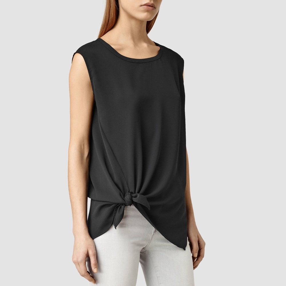 All Saints Women's Black Tie Front Heny Sleeveless Loose Fit Blouse Top